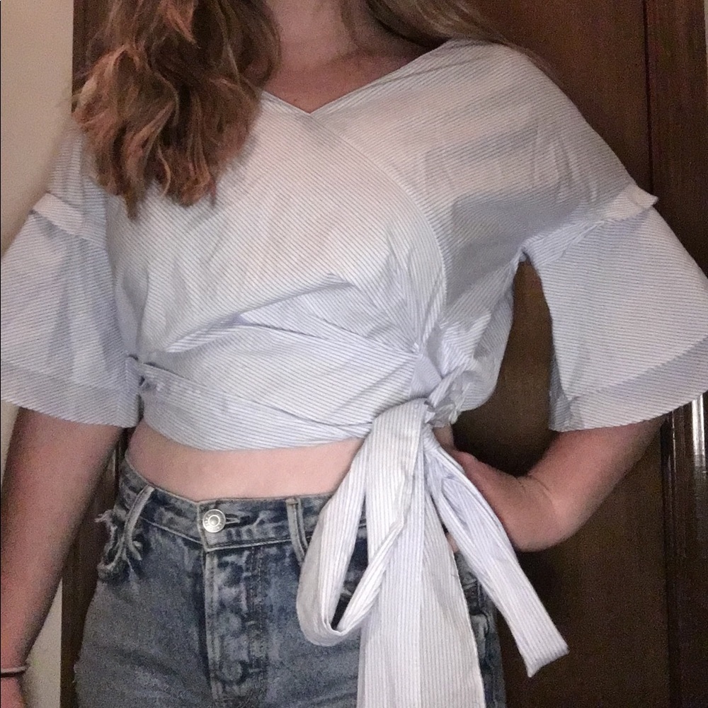 Aqua Stripe Tie-in-Front Blouse